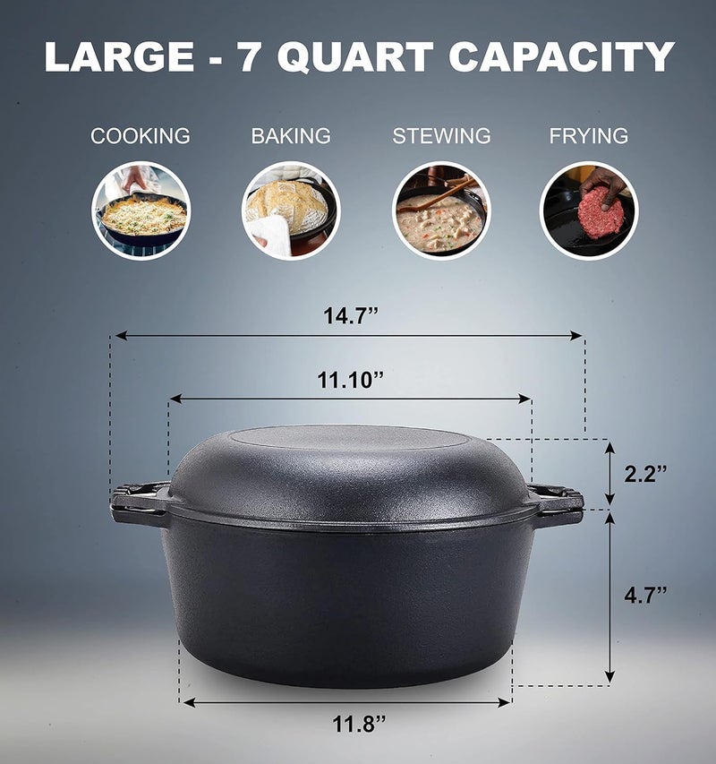 Bruntmor Pre-Seasoned Cast Iron Double Dutch Oven with Skillet Lid - 7 Quart All-in-One Casserole and Braising Pan - Heavy Duty and Oven Safe Black Cookware for Versatile Cooking - 14.7 x 6.9 Inches - Image 3